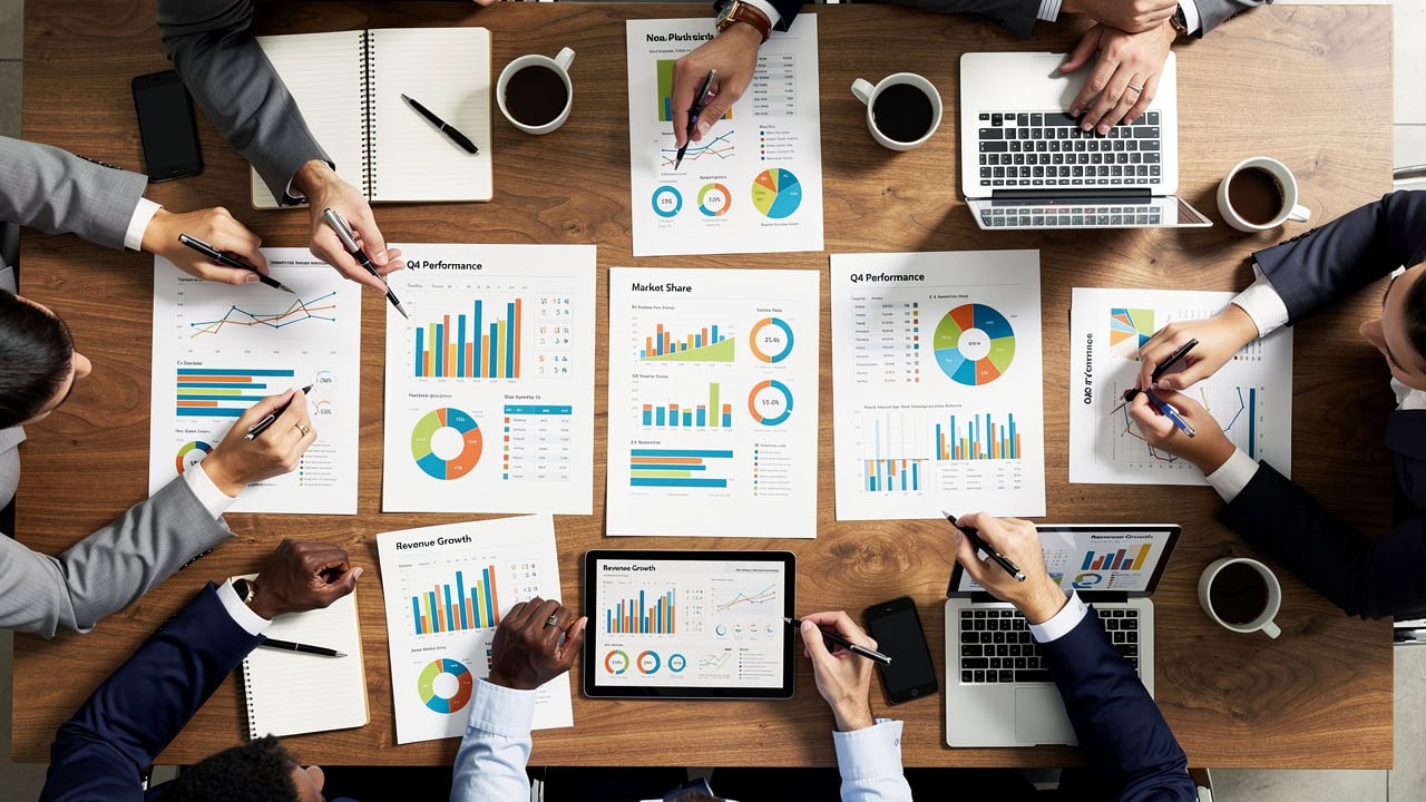 Business team analyzing data and reports