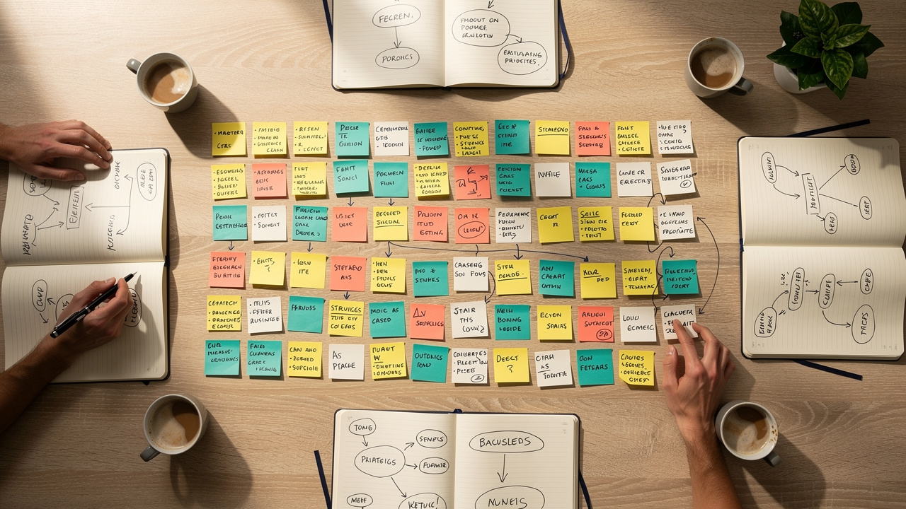 Overhead view of agile marketing strategy brainstorm session