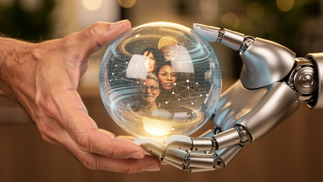 Human and robotic hands cradling a glowing data sphere
