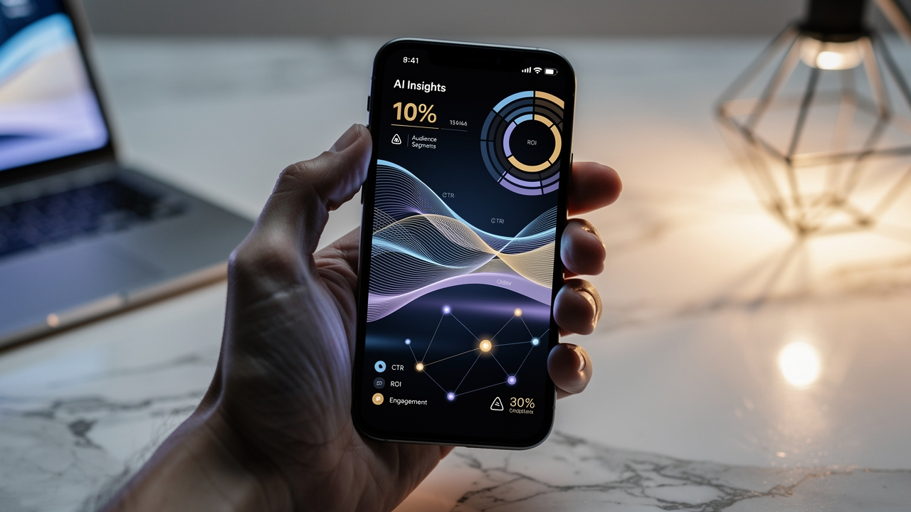 Hand holding smartphone with AI-powered marketing analytics interface
