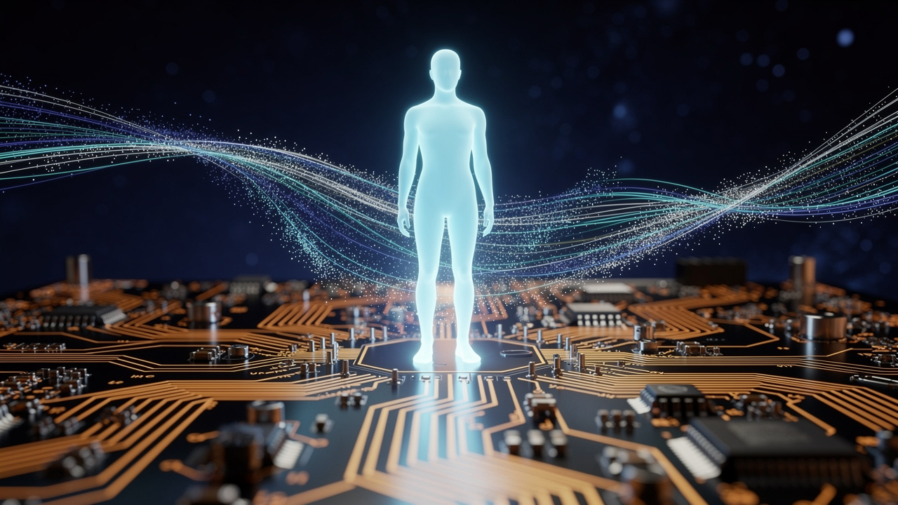 Glowing AI figure emerging from illuminated circuit board