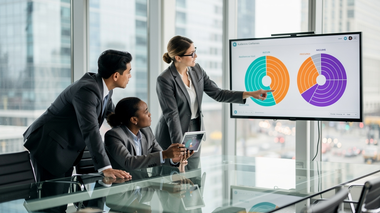 Marketing team analyzing audience segmentation charts together