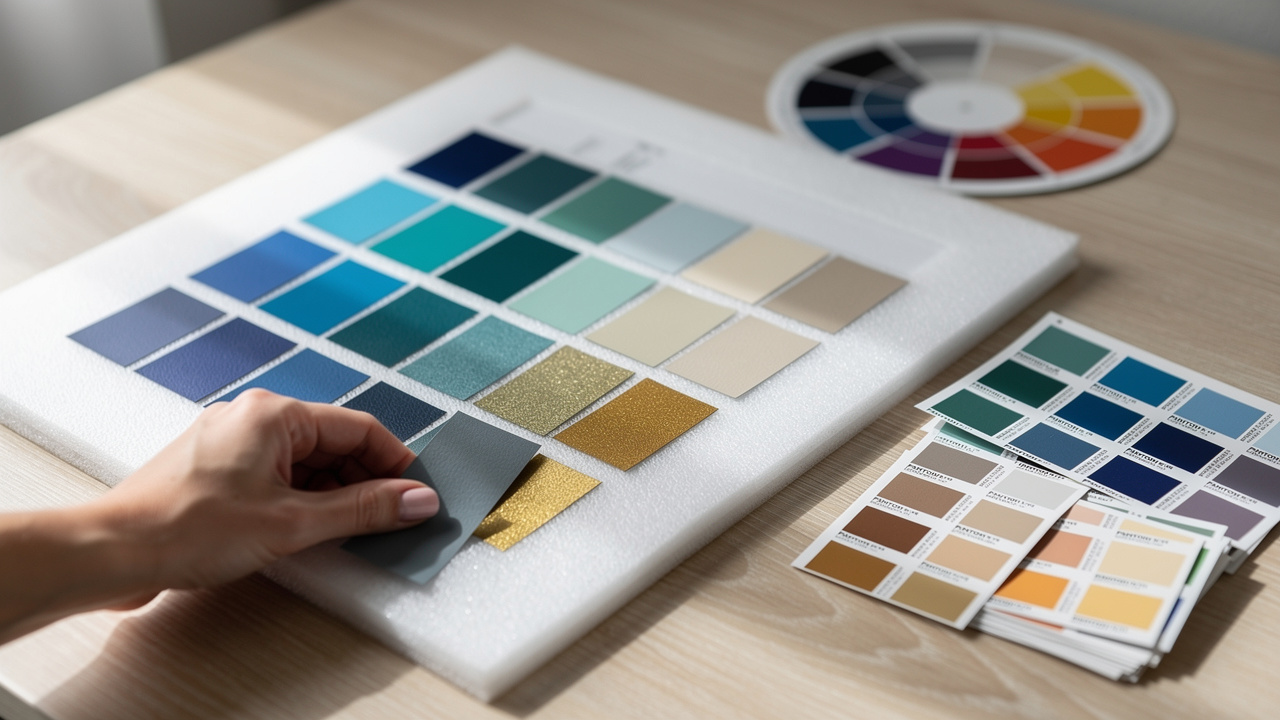 Designer arranging brand color swatches on a mood board