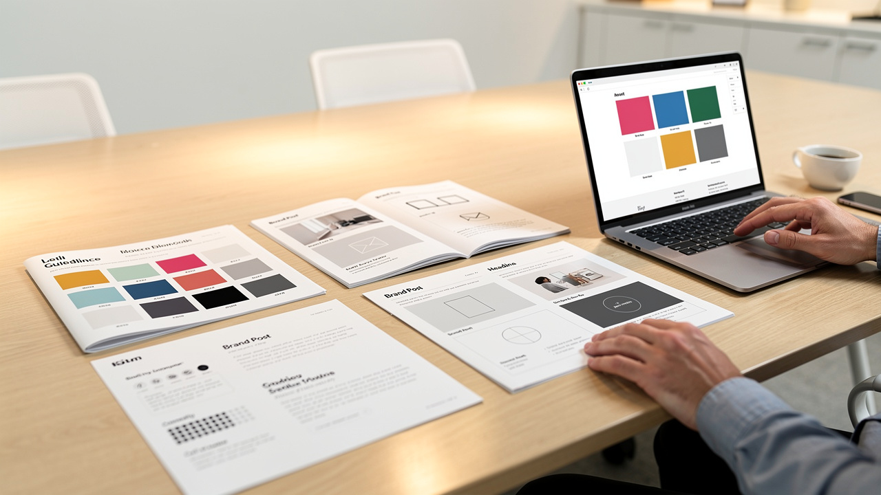 Brand audit session with printed guidelines and digital templates
