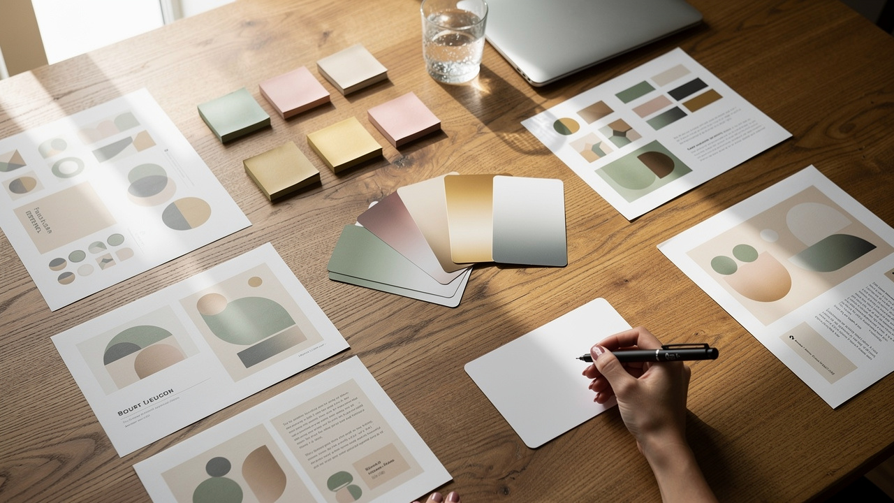 Brand strategy session with mood boards and color cards on table