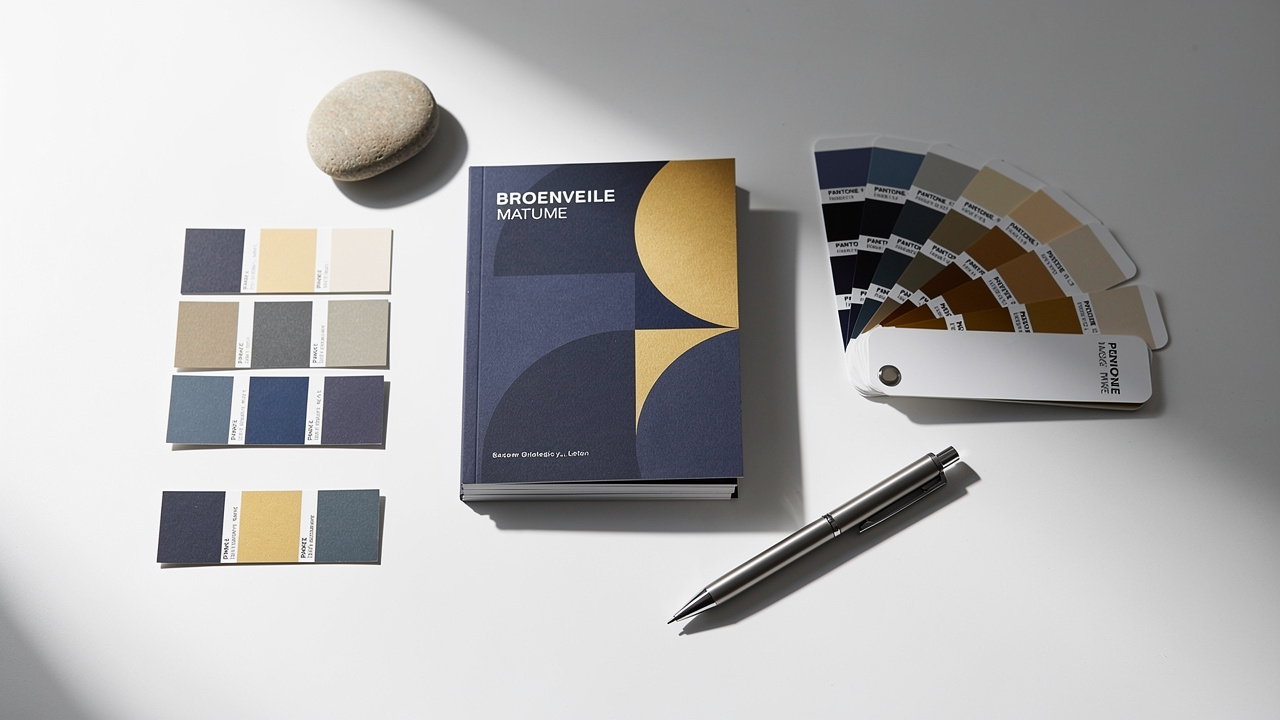 Brand guideline booklets and color chips showing strategy versus execution