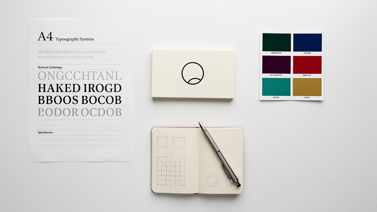 Flat-lay of brand identity elements including logo, typography, and color swatches