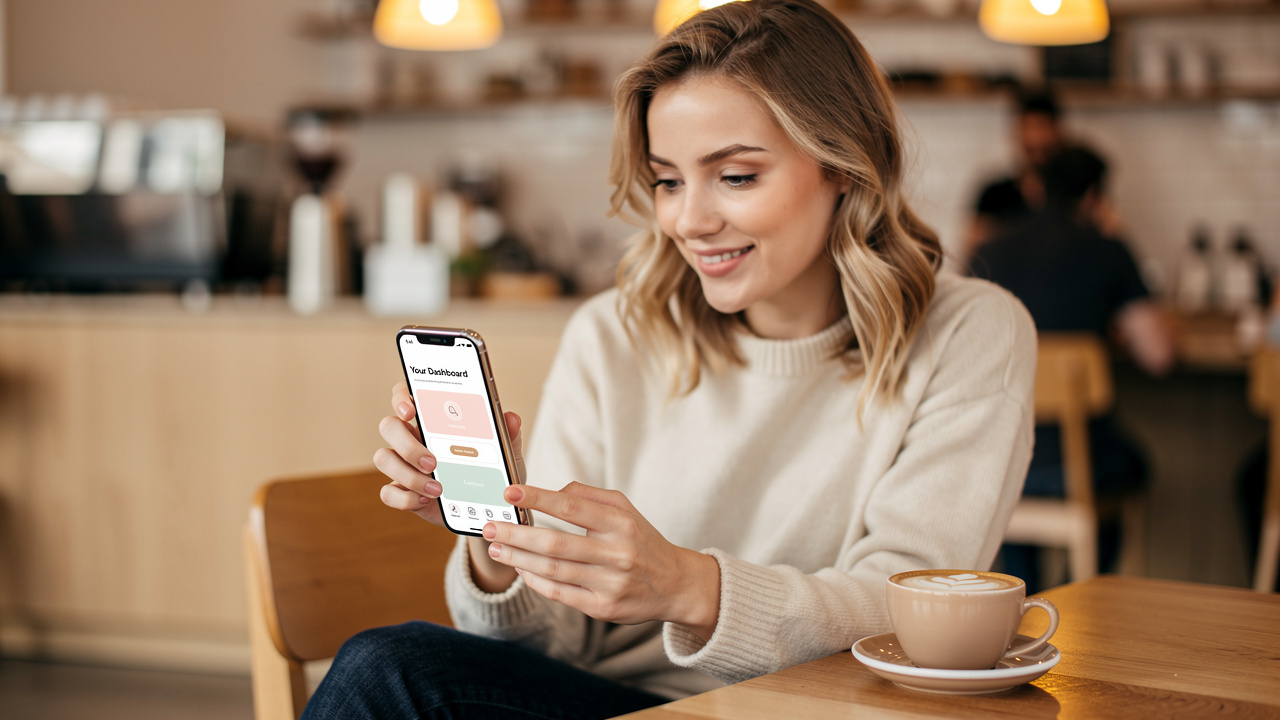 Woman using a consistent branded mobile app in a coffee shop
