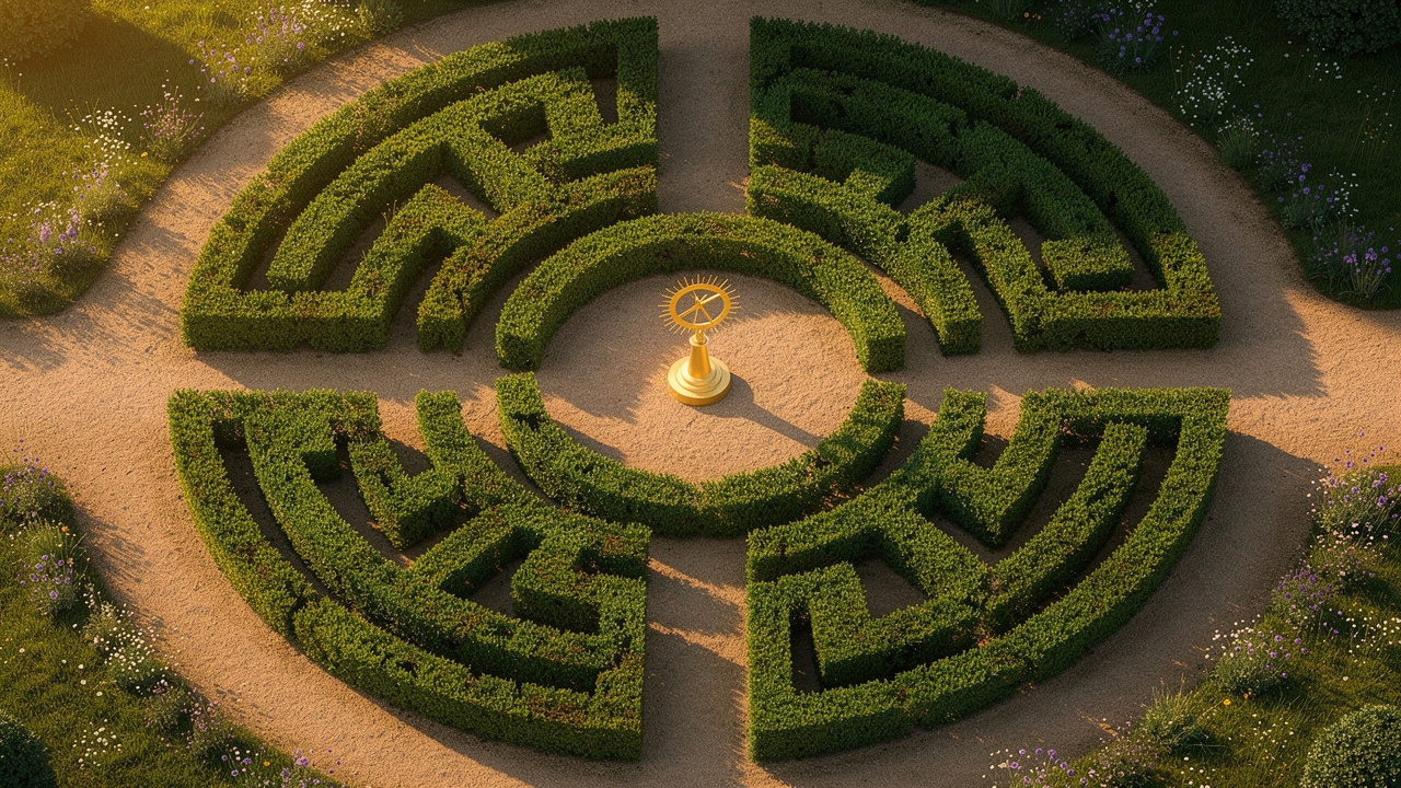 Aerial view of circular garden maze representing improvement cycle