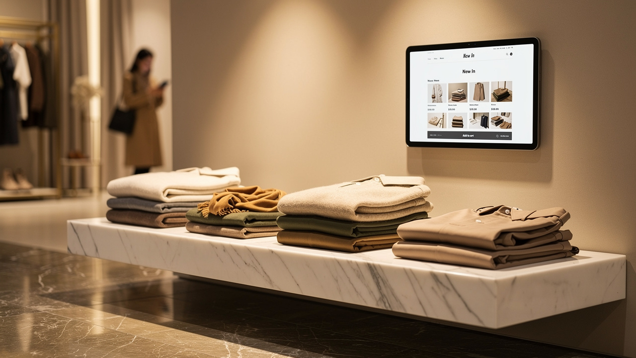 Fashion boutique blending in-store displays with digital product catalog tablet