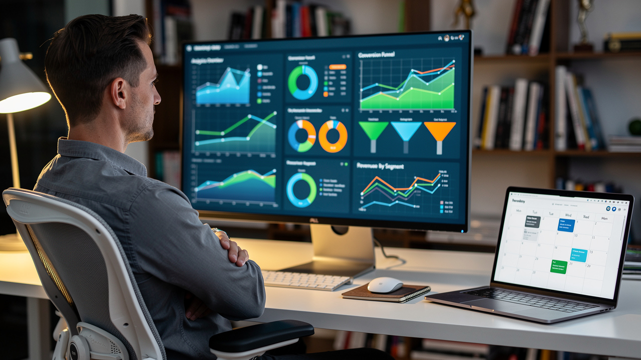 Marketing analyst reviewing cross-channel performance dashboard metrics