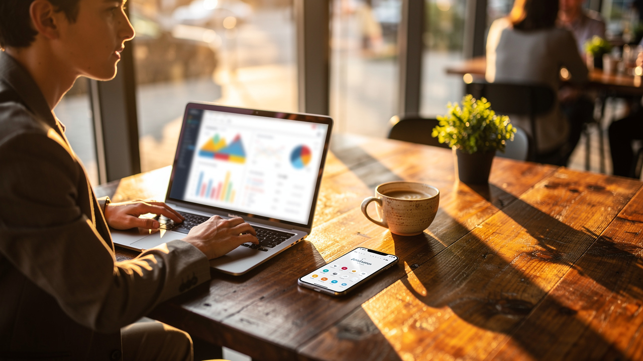 Young marketing professional planning unified strategy at sunlit café workspace