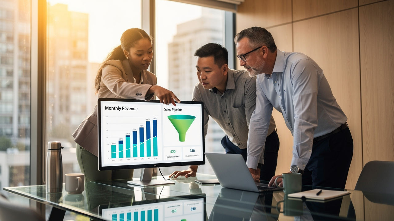 Marketing team analyzing cross-channel performance dashboards in modern office