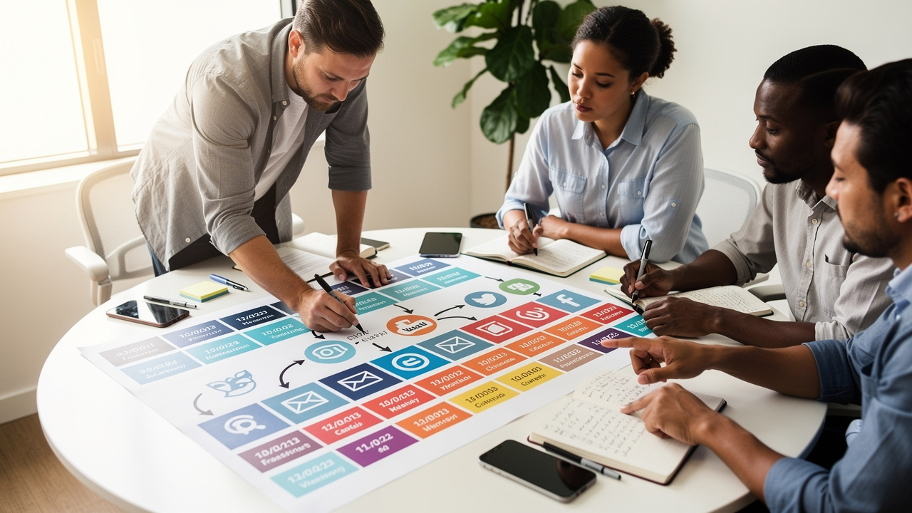 Diverse team planning integrated cross-channel marketing campaign together