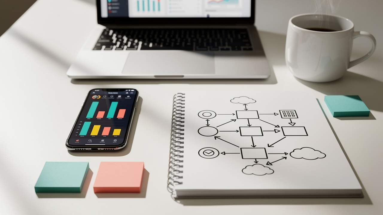 Desk flatlay showing marketing strategy planning tools and analytics