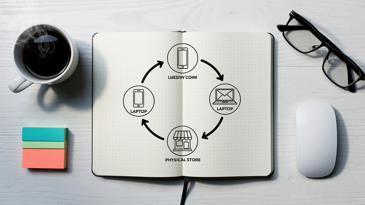Marketer's desk with channel integration flowchart and planning materials