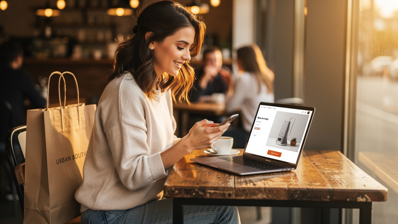 Woman experiencing seamless cross-channel shopping journey in cafe