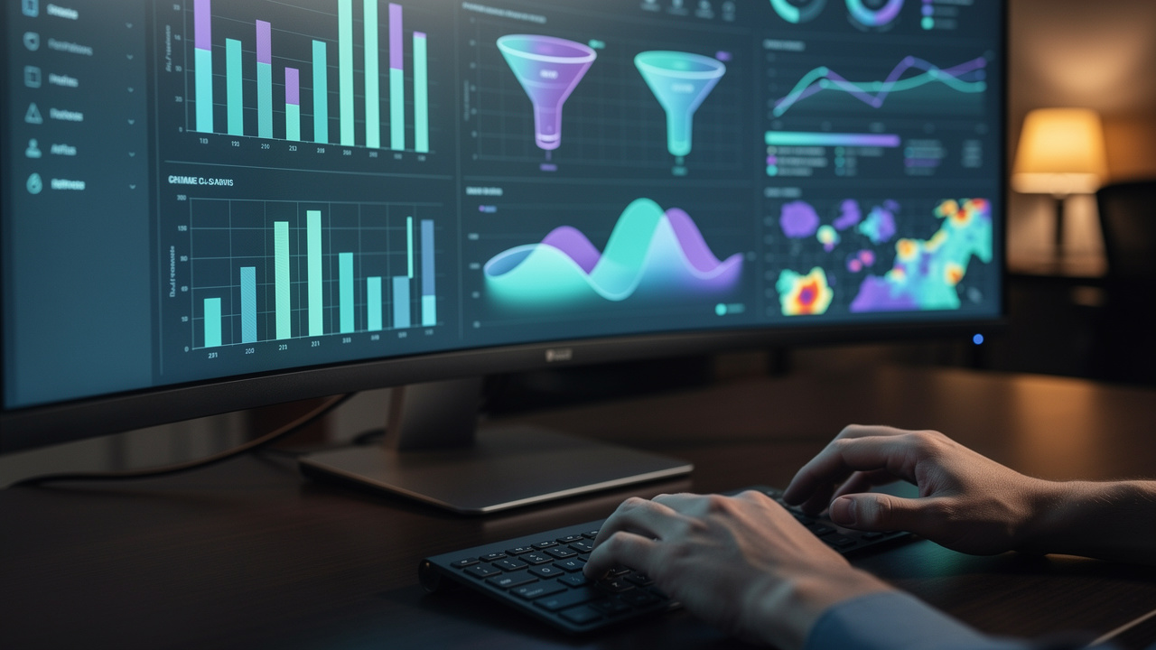 Professional reviewing colorful marketing analytics dashboard on monitor