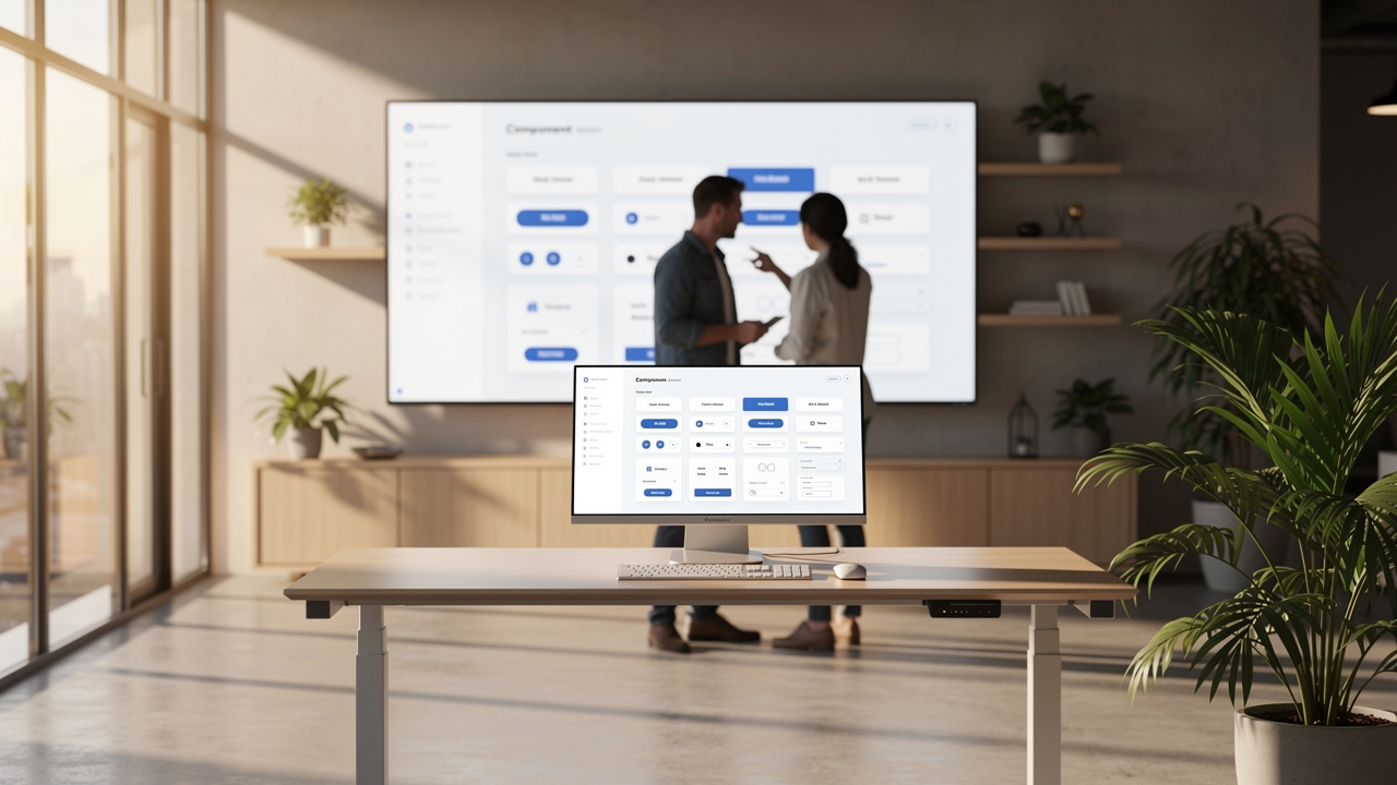 Designers collaborating over a digital design system in a modern studio