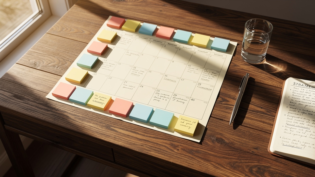 Overhead view of email content calendar and planning materials