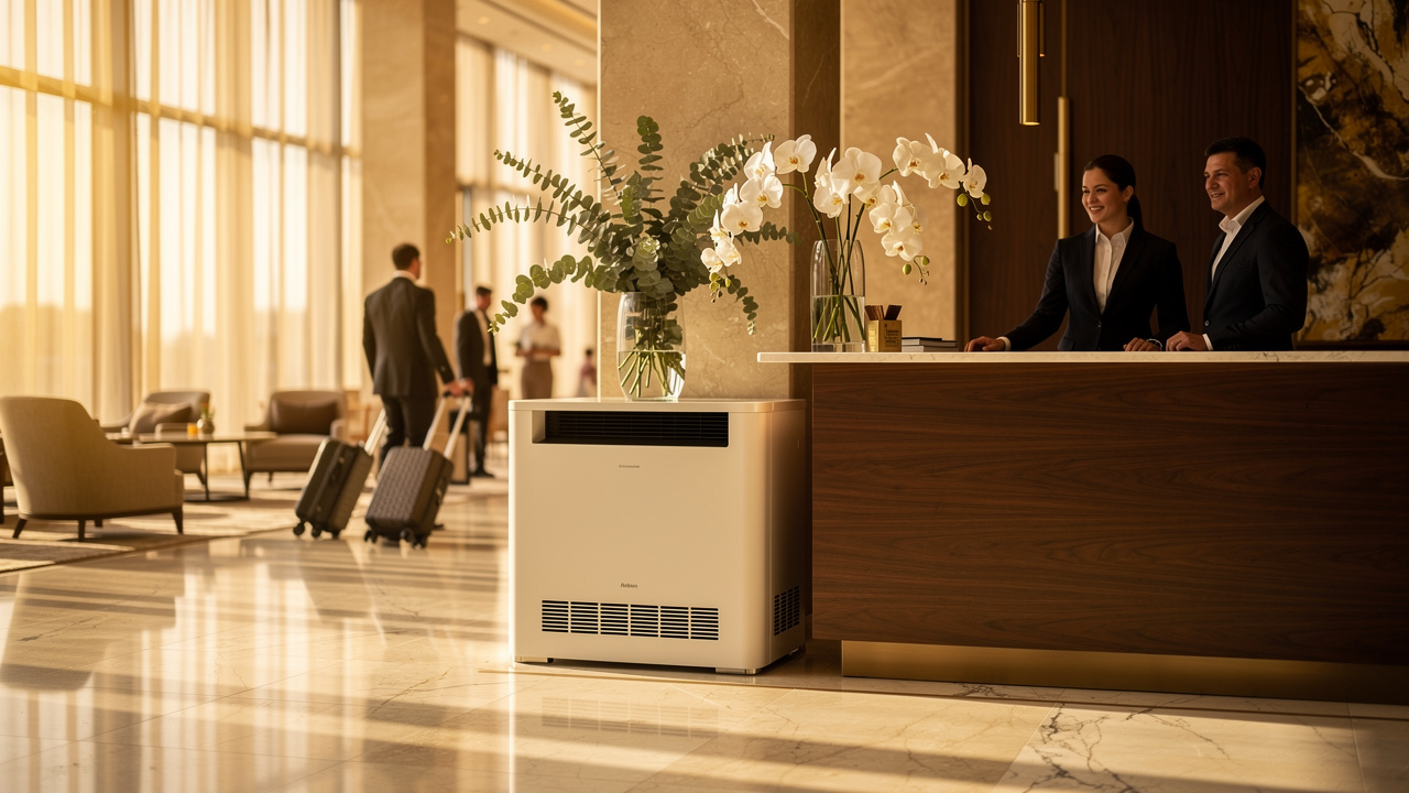 Luxury hotel lobby with cold-air scent diffuser beside white orchid arrangement