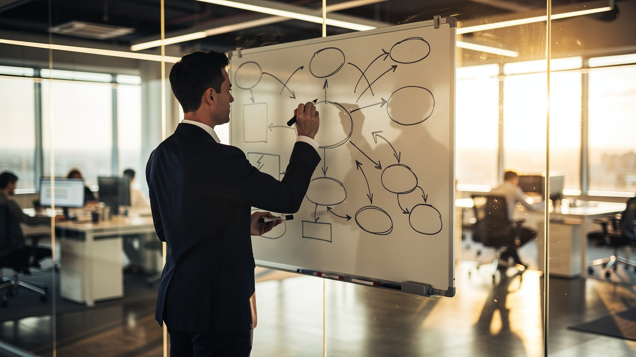 Marketing professional planning brand platform framework at whiteboard