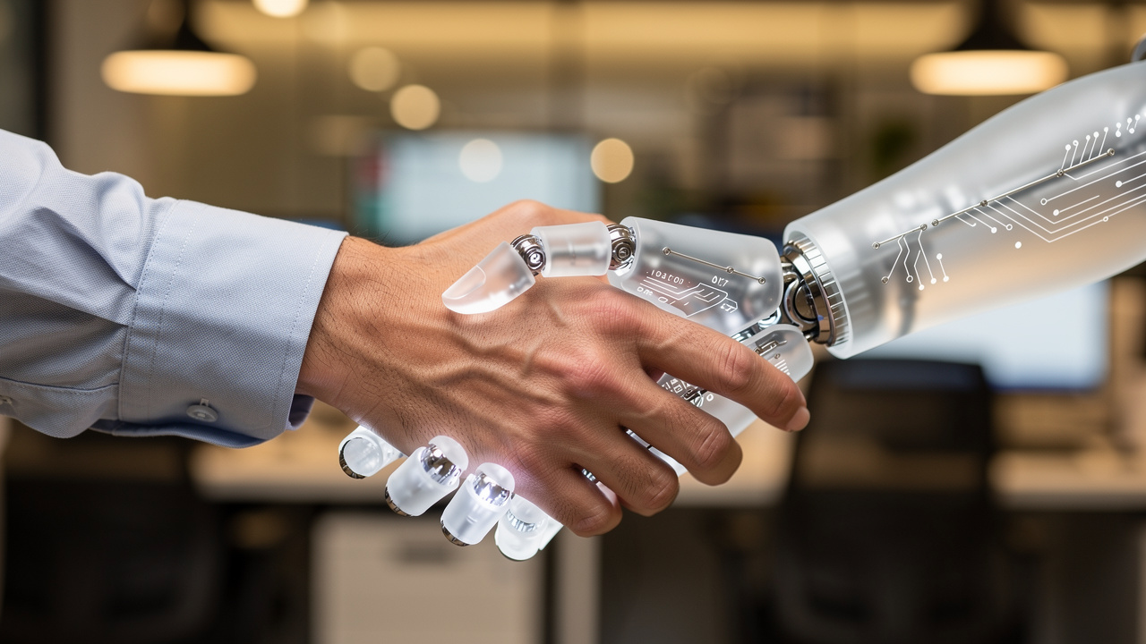 Human and AI agent collaboration handshake in office