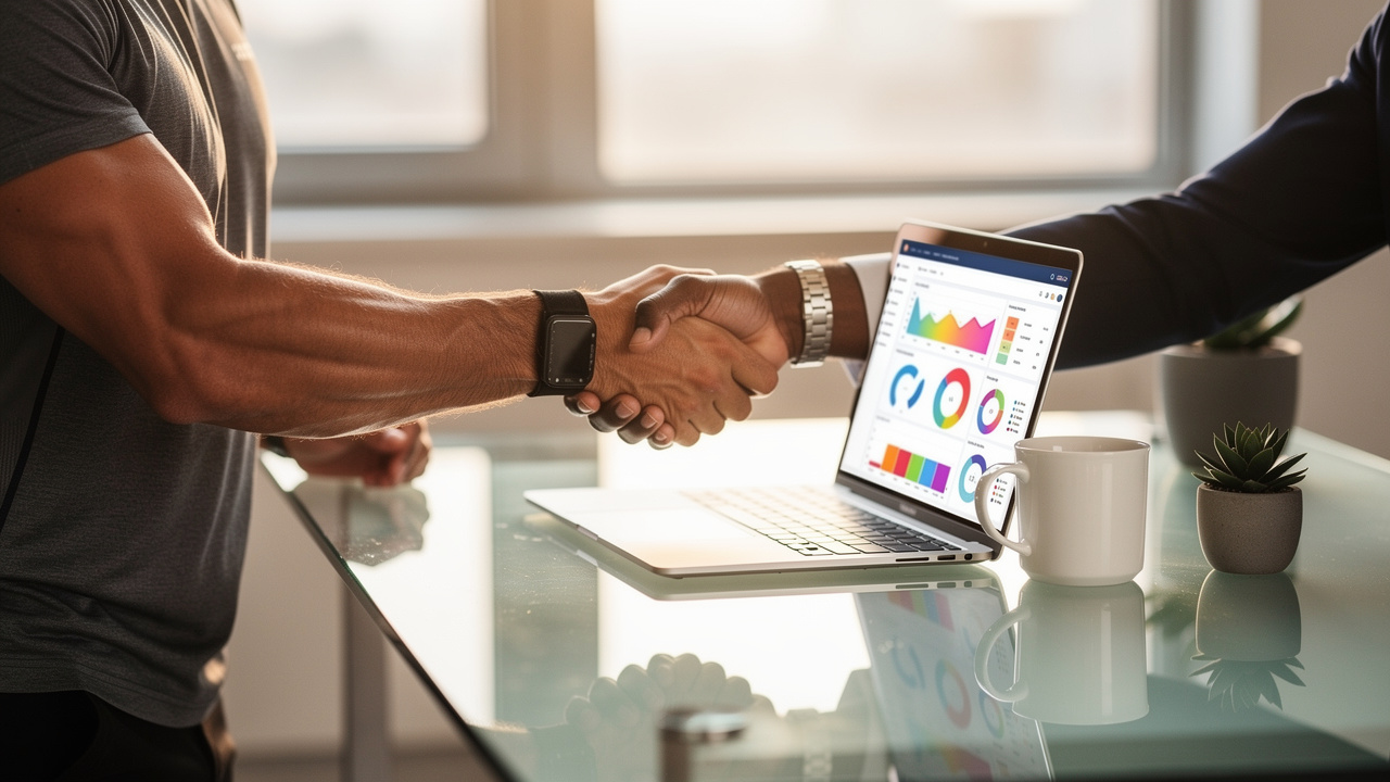Hands shaking over marketing performance charts on desk