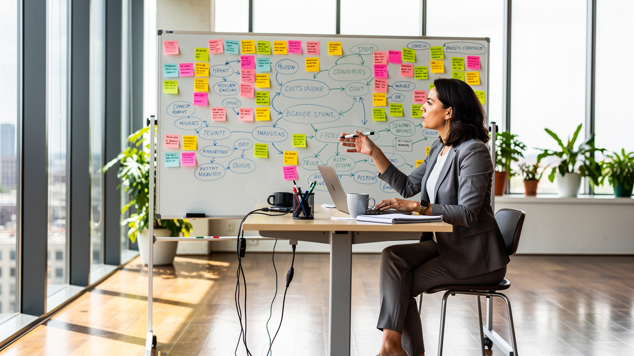 Marketing strategist mapping innovation framework on whiteboard