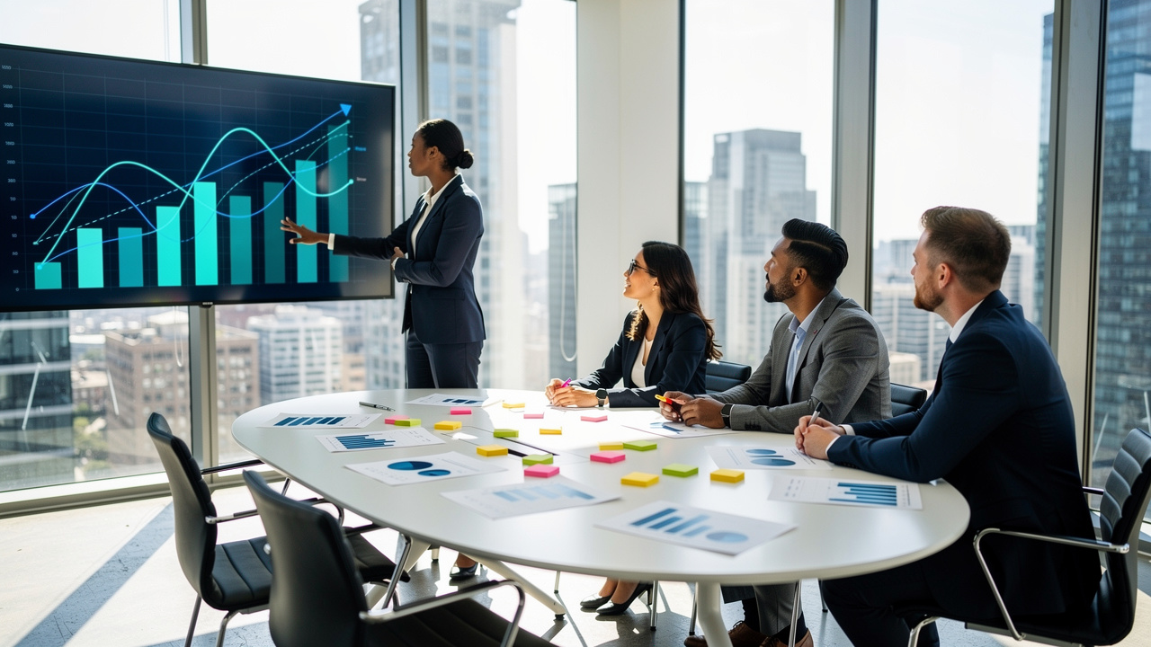Marketing team collaborating around data charts in modern office
