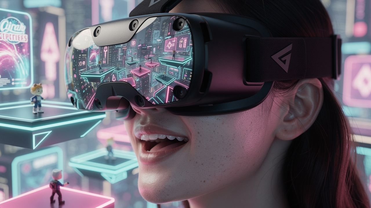 Young woman in VR headset experiencing immersive brand environment