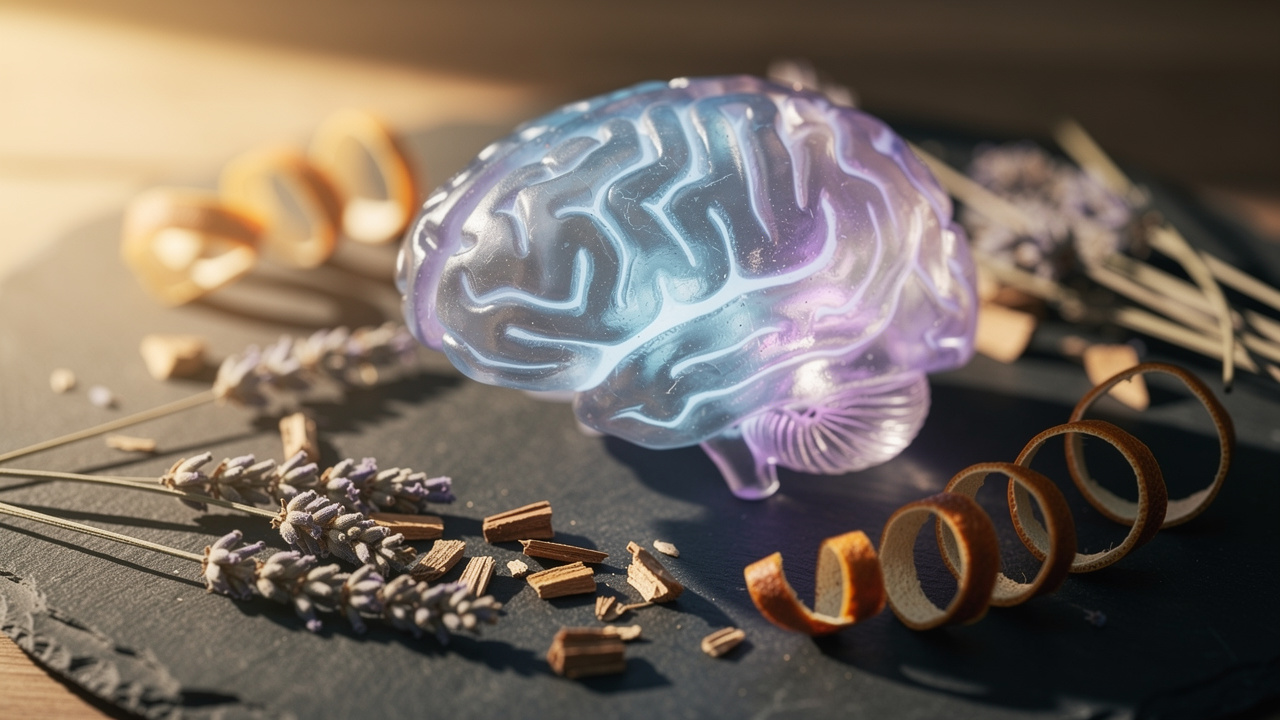 Glass brain model surrounded by botanicals illustrating scent and memory connection