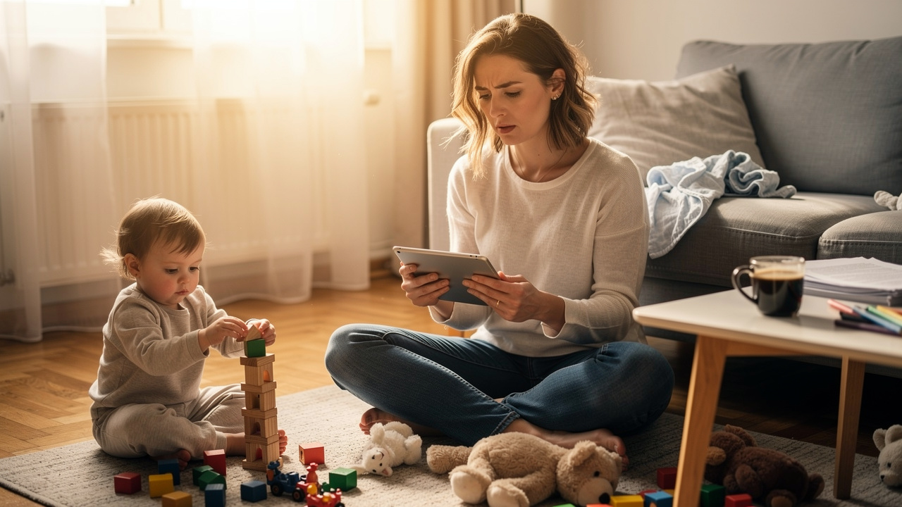 Young mother researching on tablet surrounded by children's toys