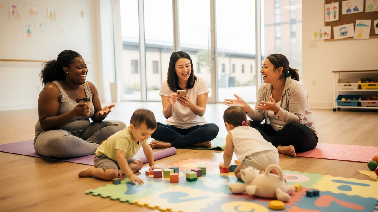 Diverse group of mothers connecting at a community parenting event