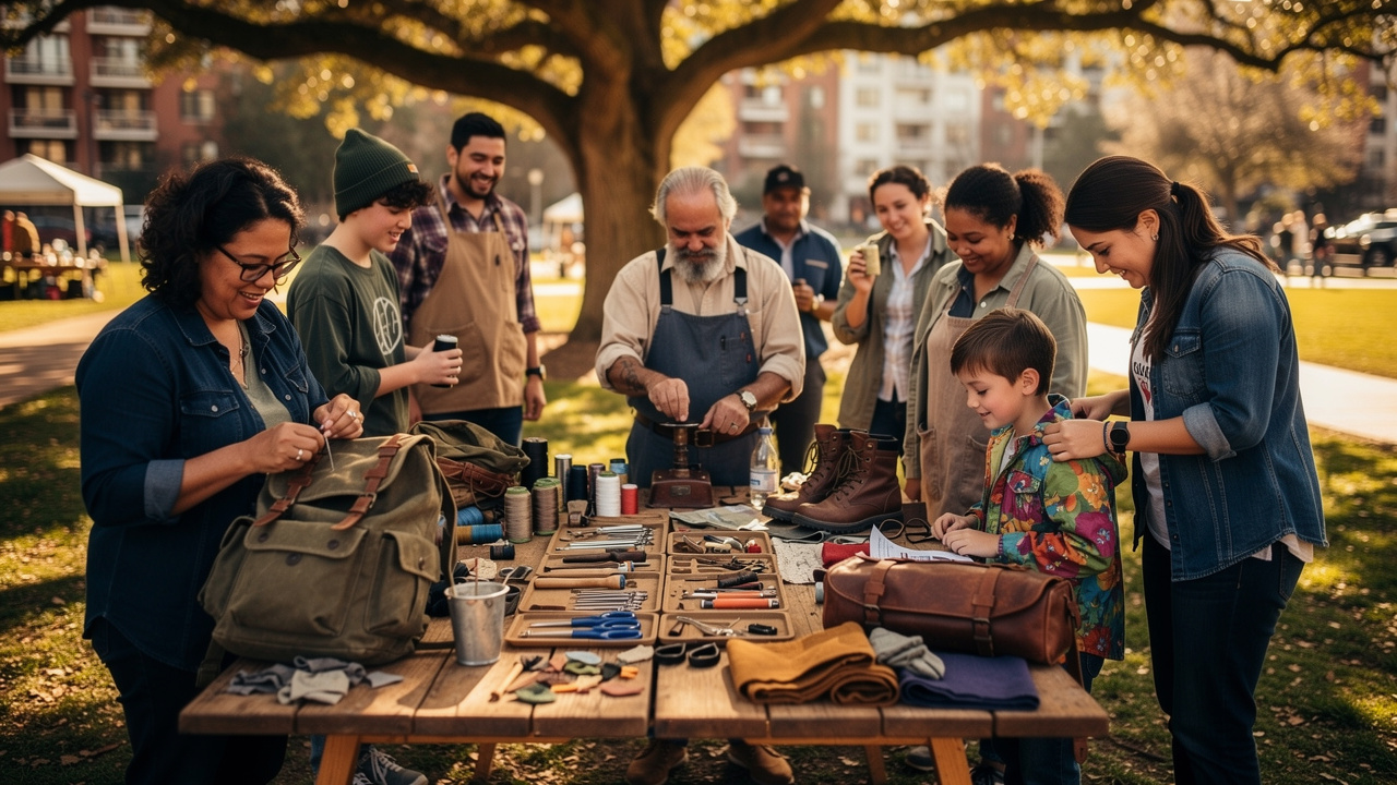 Diverse community gathering at outdoor repair and sustainability event