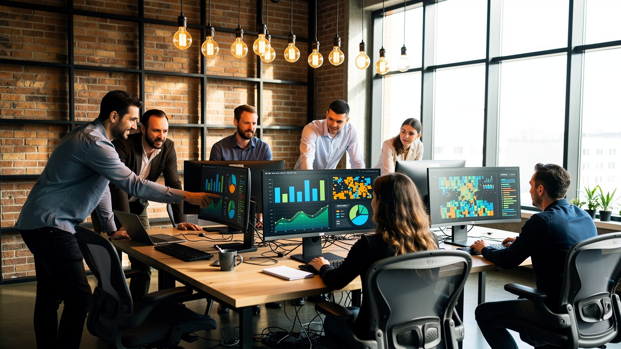 Marketing team analyzing real-time campaign data dashboards together