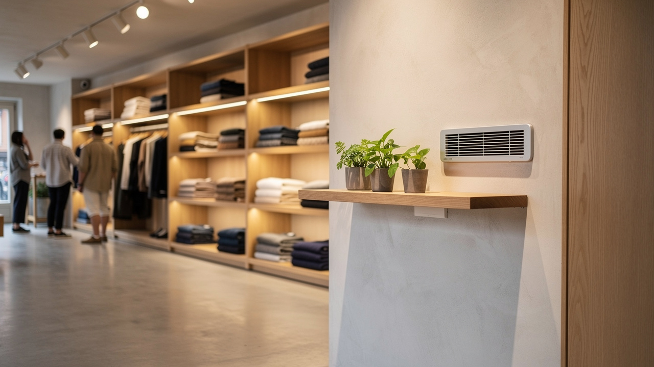 Modern retail boutique with wall-mounted scent diffuser and clothing displays