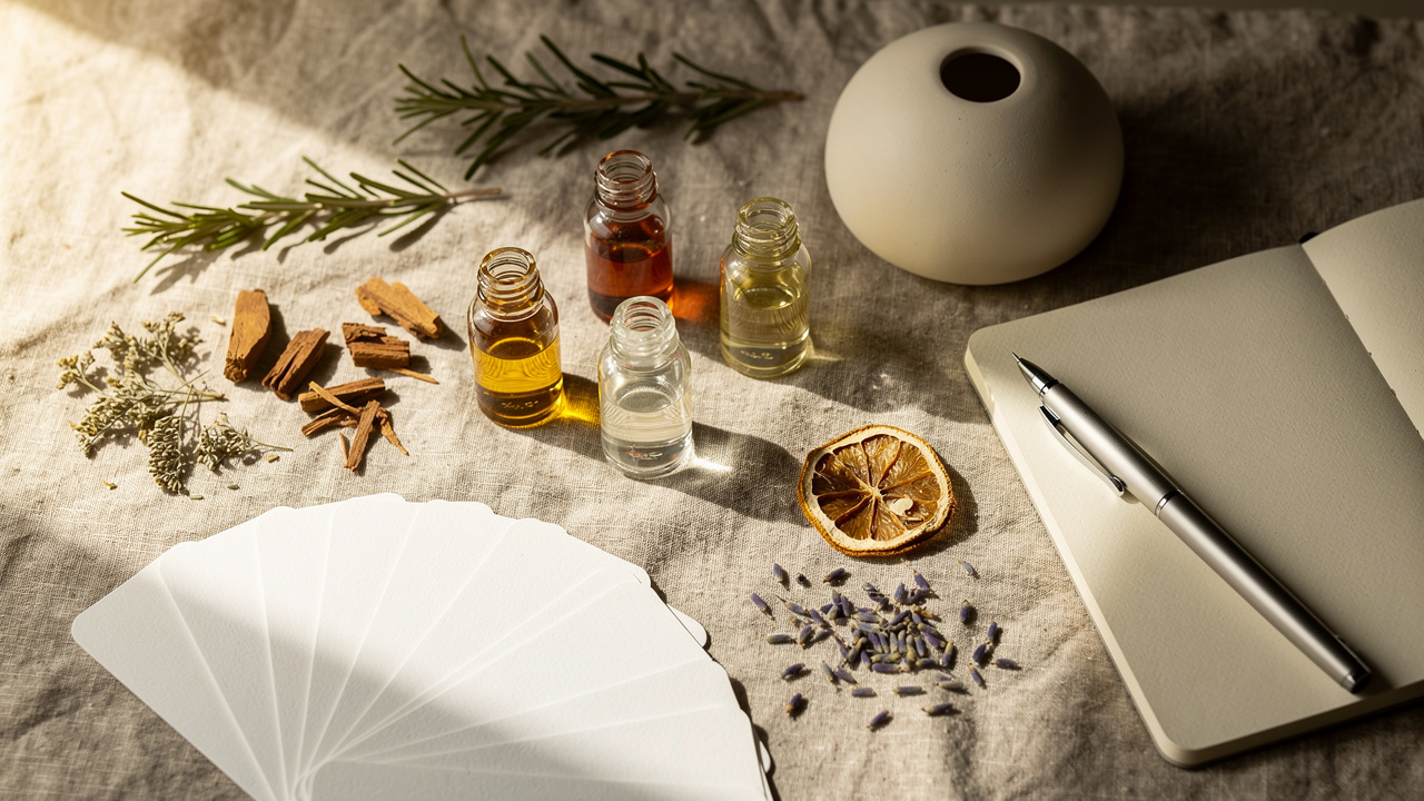 Fragrance vials, botanicals, and diffuser stone for scent branding selection process