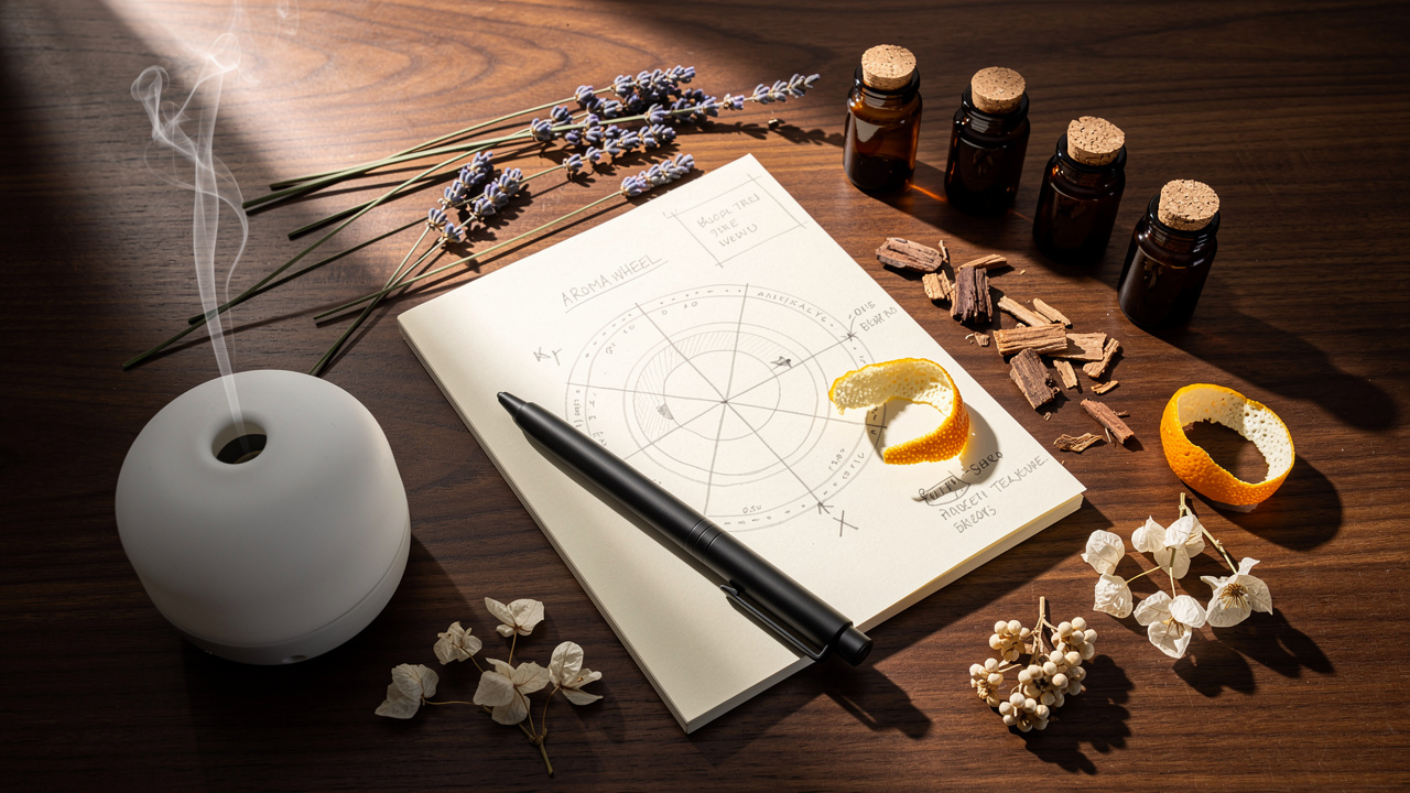 Scent branding strategy tools and fragrance samples flat lay