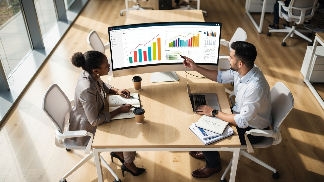 Diverse SMB team reviewing AI-driven revenue growth data
