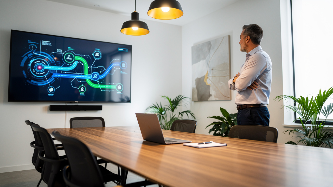 SMB leader planning AI implementation strategy in modern office