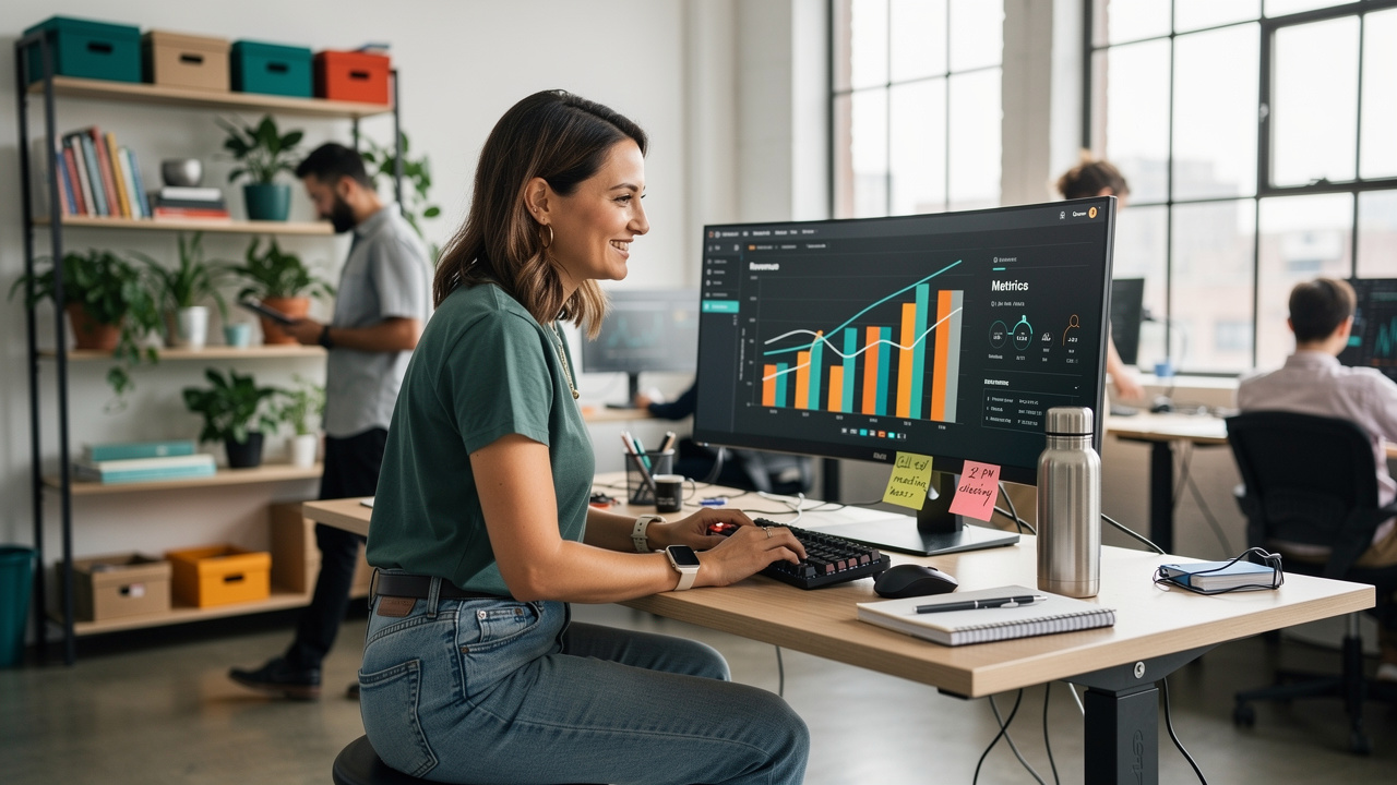 SMB employee reviewing predictive analytics dashboard at desk