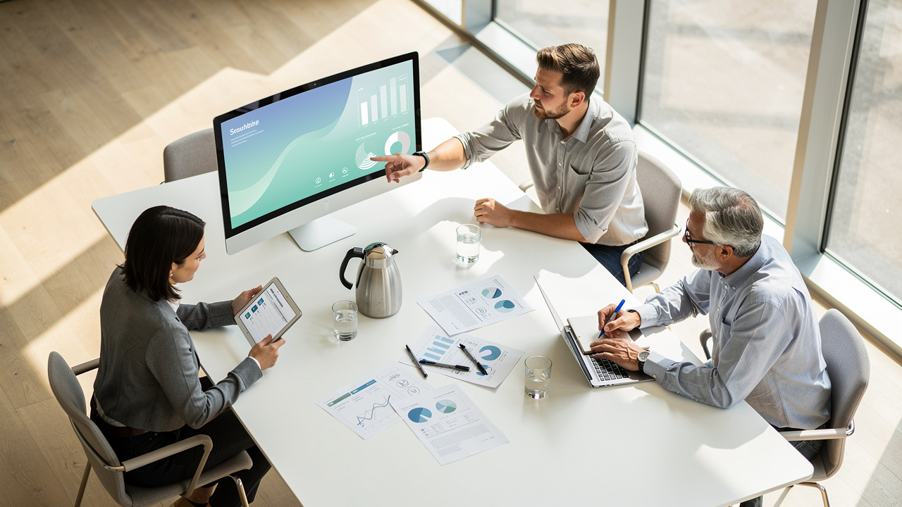 SMB team reviewing AI adoption data and analytics together