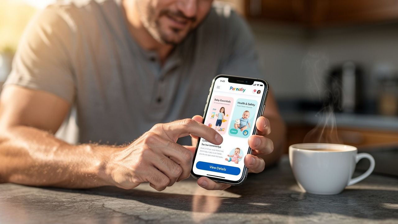 Father reviewing product information on smartphone in modern kitchen