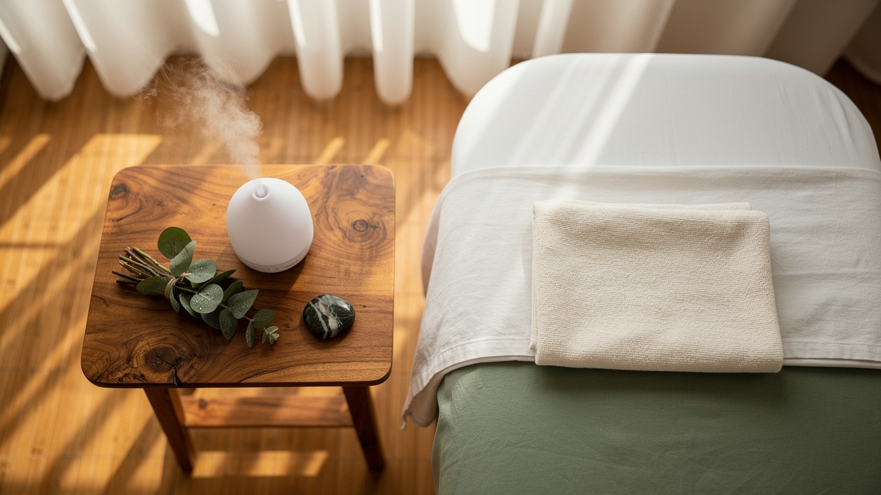 Spa treatment room with ceramic diffuser and eucalyptus for wellness scent branding